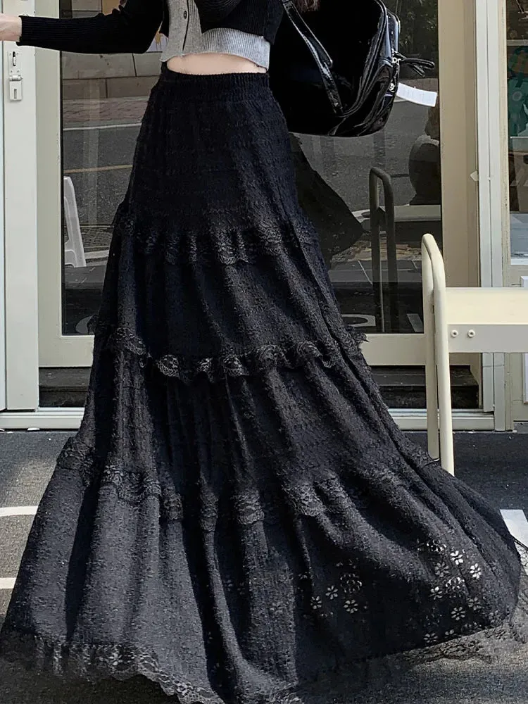 Women's Hallow Out Lace Fashion Designer Ruffles Skirts (Long)