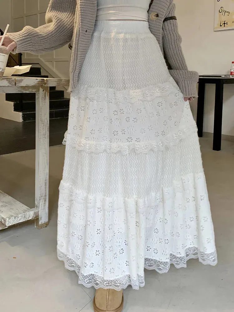 Women's Hallow Out Lace Fashion Designer Ruffles Skirts (Long)