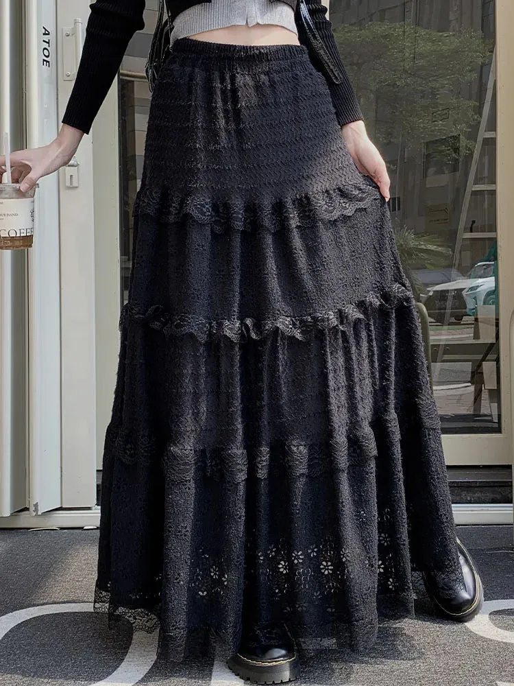 Women's Hallow Out Lace Fashion Designer Ruffles Skirts (Long)