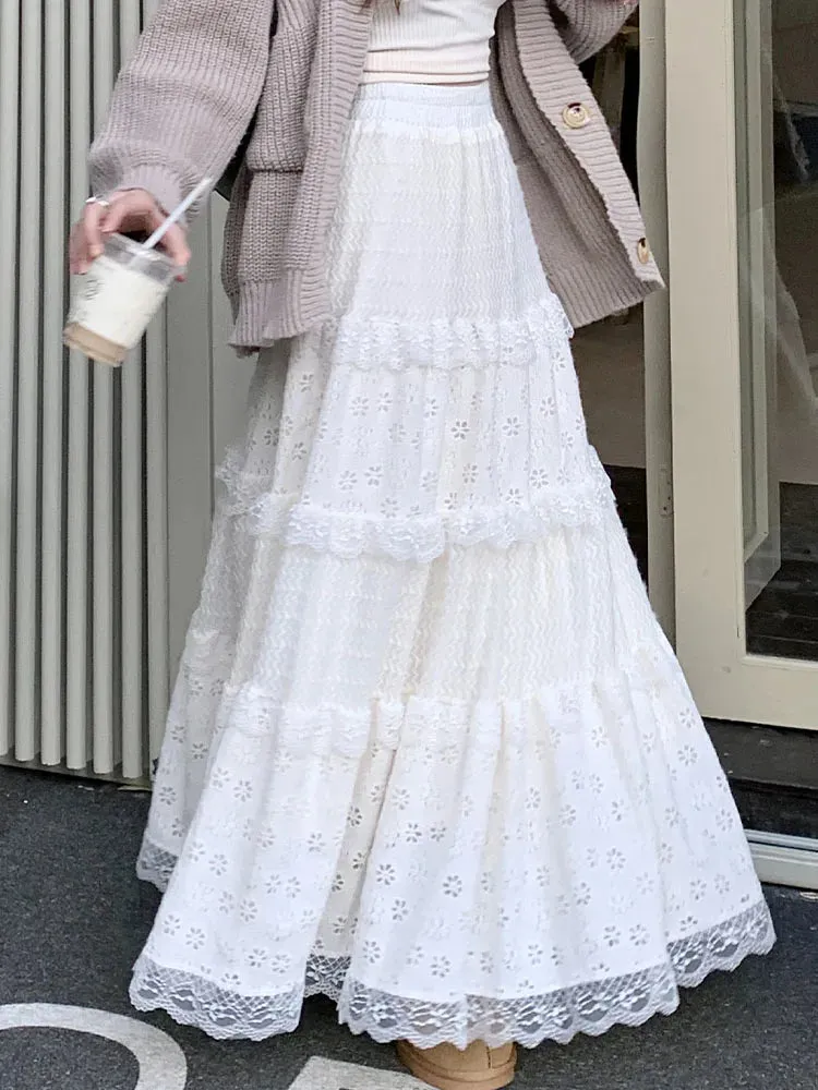 Women's Hallow Out Lace Fashion Designer Ruffles Skirts (Long)