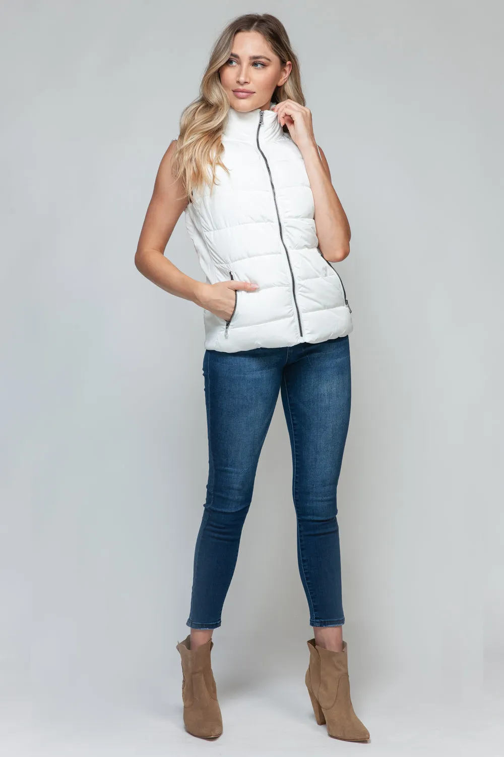 Womens Snobbish Zip Up Turtleneck Vest with Pockets (S-XL)